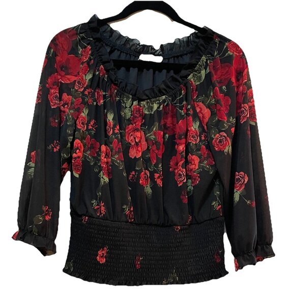 Ember Tops - EMBER Black Rose/Floral Balloon Sheer 3/4 Length Sleeve Shirt Sz M